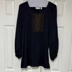 Chico's Navy Blue Blouse with Gold Accents